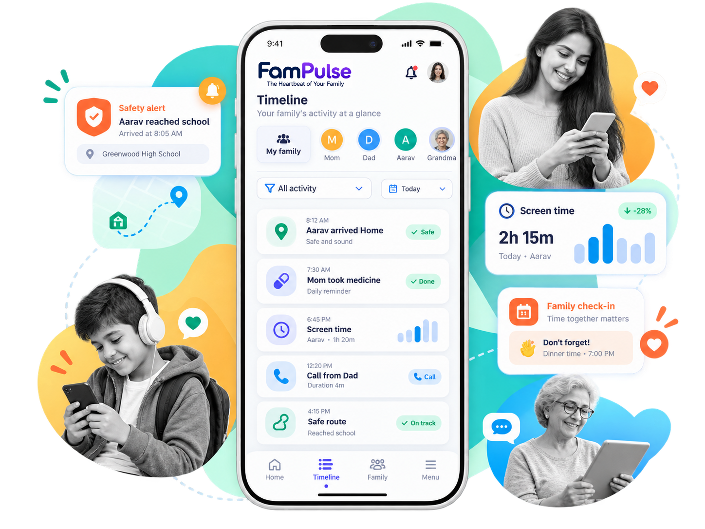 FamPulse Timeline showing family check-ins, care reminders and screen time